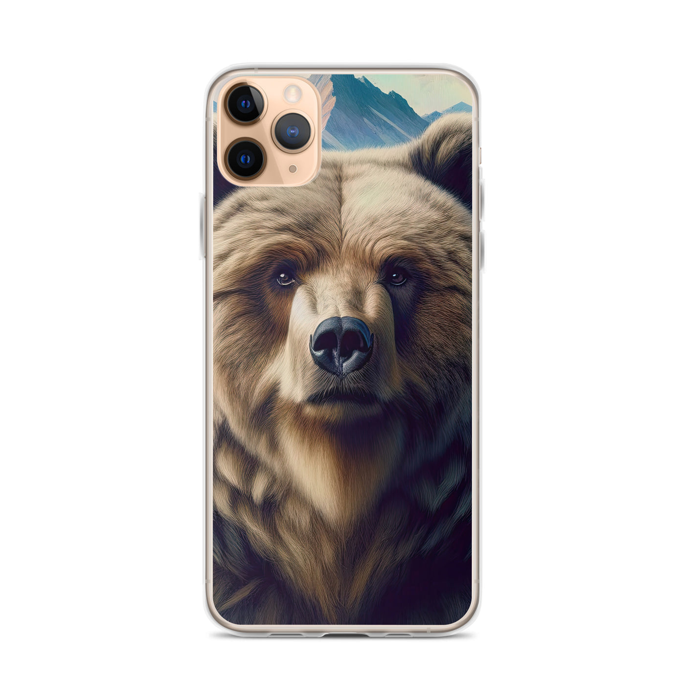 Foto eines Bären vor abstrakt gemalten Alpenbergen, Oberkörper im Fokus - iPhone Schutzhülle (durchsichtig) camping xxx yyy zzz iPhone 11 Pro Max