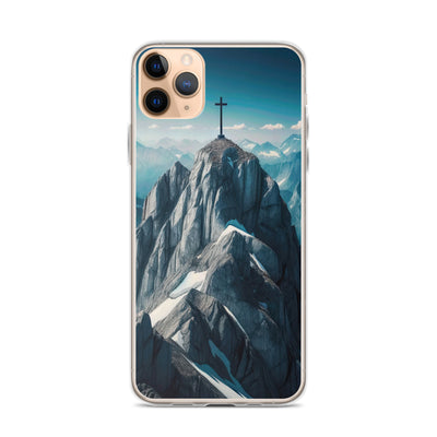Foto der Alpen mit Gipfelkreuz an einem klaren Tag, schneebedeckte Spitzen vor blauem Himmel - iPhone Schutzhülle (durchsichtig) berge xxx yyy zzz iPhone 11 Pro Max