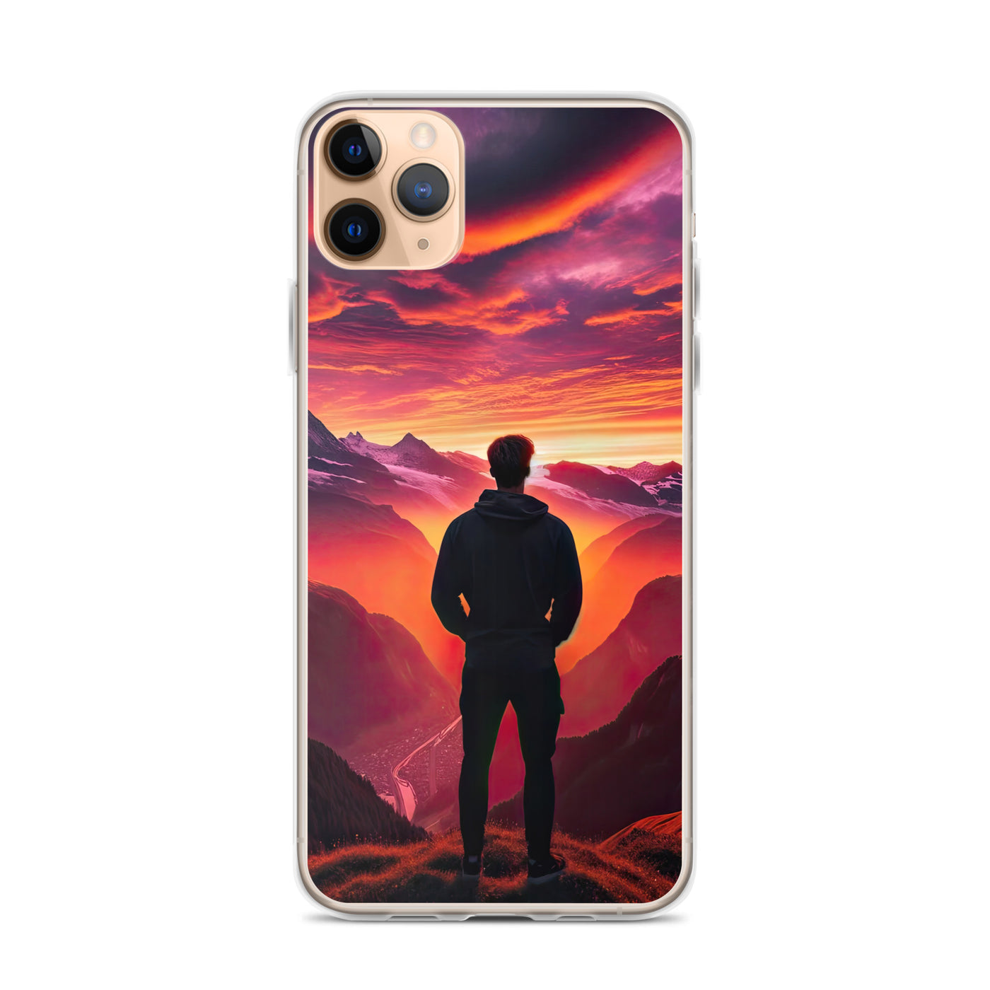 Foto der Schweizer Alpen im Sonnenuntergang, Himmel in surreal glänzenden Farbtönen - iPhone Schutzhülle (durchsichtig) wandern xxx yyy zzz iPhone 11 Pro Max