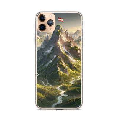 Fotorealistisches Bild der Alpen mit österreichischer Flagge, scharfen Gipfeln und grünen Tälern - iPhone Schutzhülle (durchsichtig) berge xxx yyy zzz iPhone 11 Pro Max
