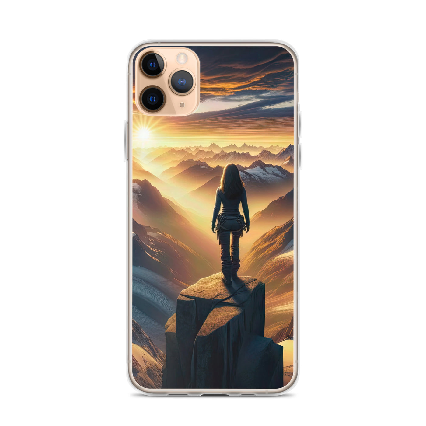 Fotorealistische Darstellung der Alpen bei Sonnenaufgang, Wanderin unter einem gold-purpurnen Himmel - iPhone Schutzhülle (durchsichtig) wandern xxx yyy zzz iPhone 11 Pro Max