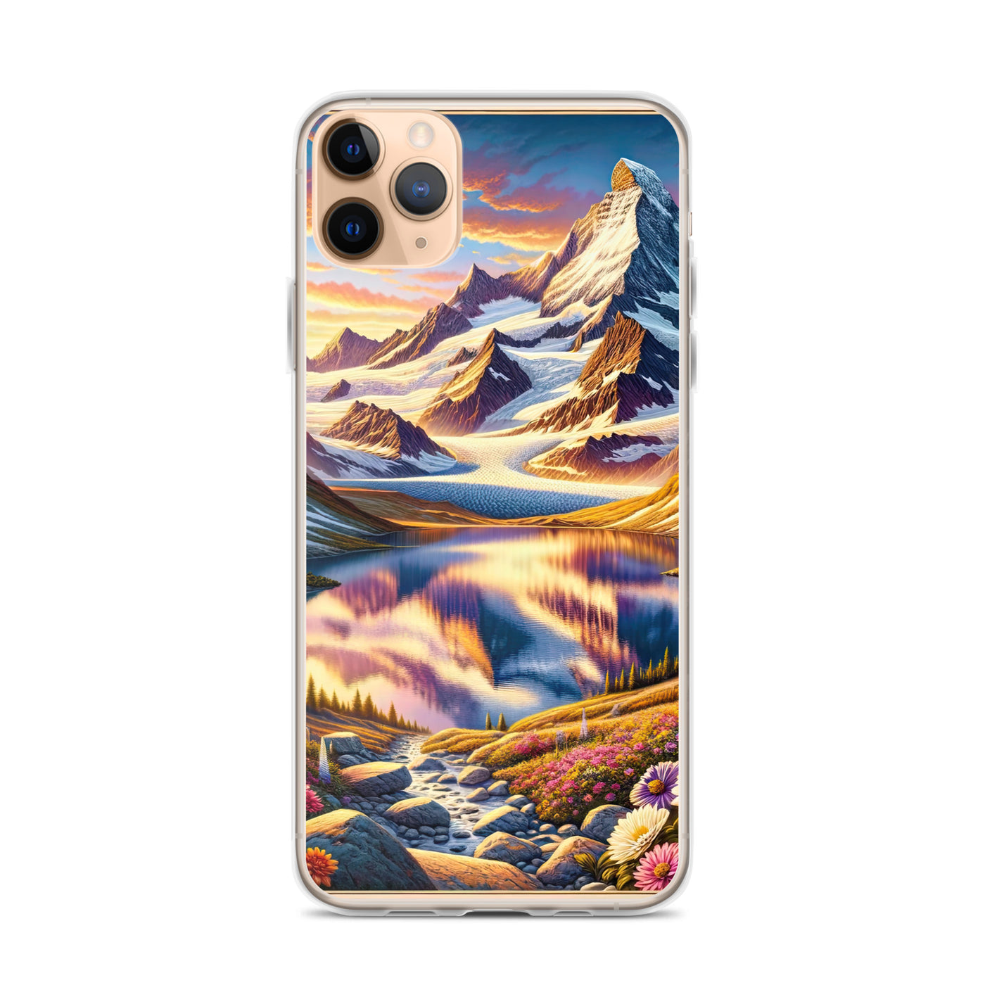 Quadratische Illustration der Alpen mit schneebedeckten Gipfeln und Wildblumen - iPhone Schutzhülle (durchsichtig) berge xxx yyy zzz iPhone 11 Pro Max