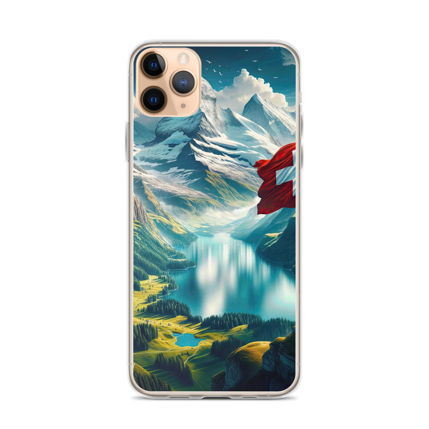 Ultraepische, fotorealistische Darstellung der Schweizer Alpenlandschaft mit Schweizer Flagge - iPhone Schutzhülle (durchsichtig) berge xxx yyy zzz iPhone 11 Pro Max