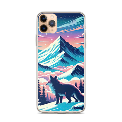 Vektorgrafik eines alpinen Winterwunderlandes mit schneebedeckten Kiefern und einem Fuchs - iPhone Schutzhülle (durchsichtig) camping xxx yyy zzz iPhone 11 Pro Max