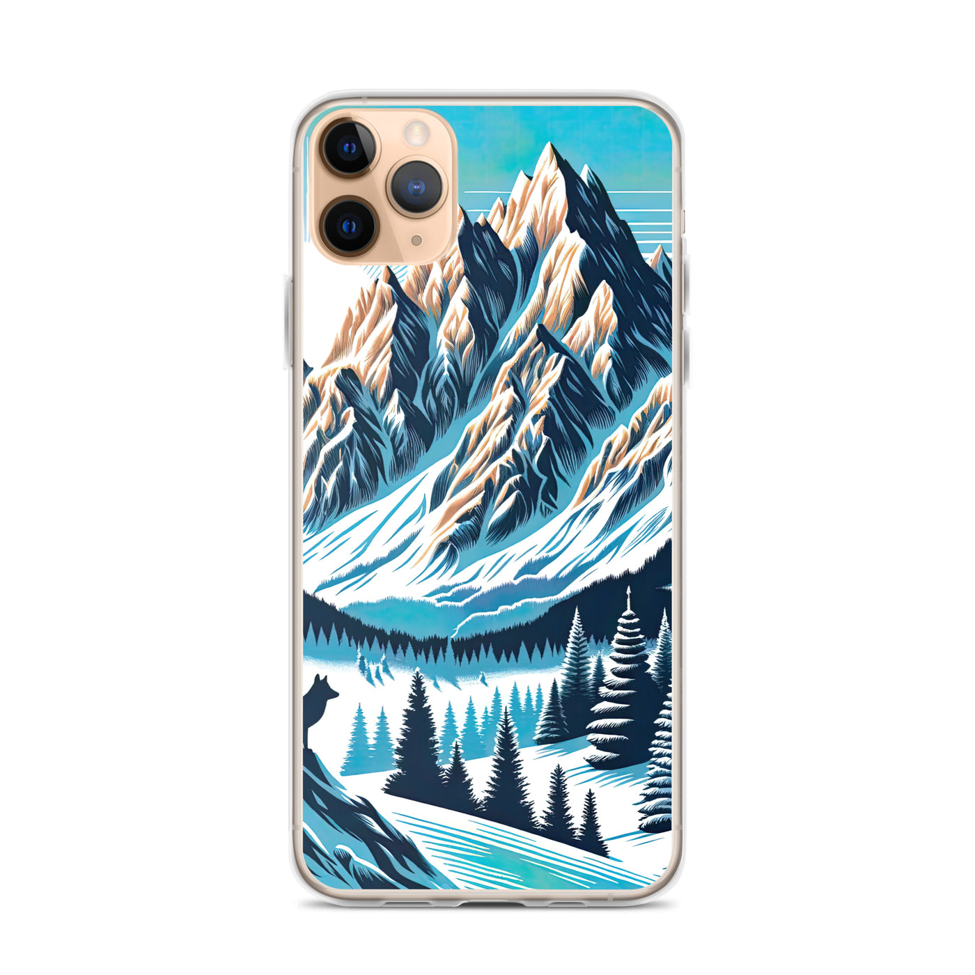 Vektorgrafik eines Wolfes im winterlichen Alpenmorgen, Berge mit Schnee- und Felsmustern - iPhone Schutzhülle (durchsichtig) berge xxx yyy zzz iPhone 11 Pro Max