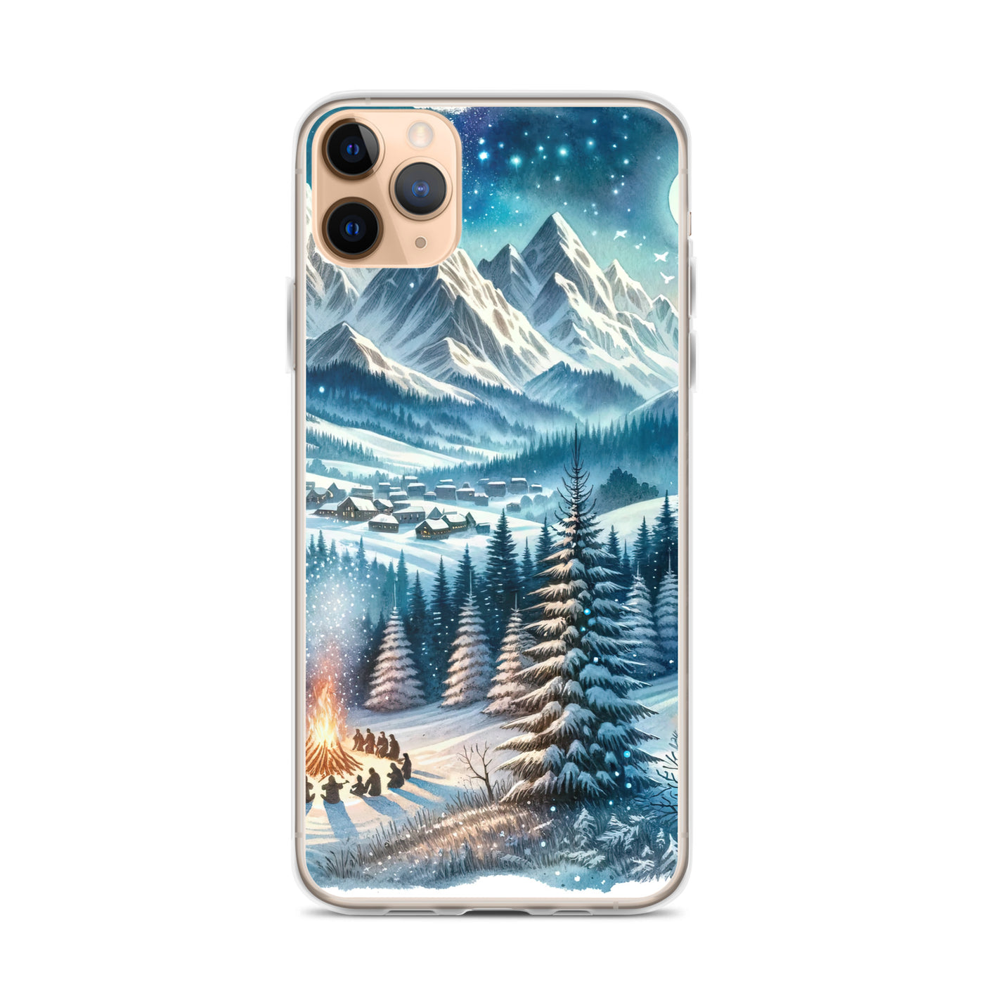 Aquarell eines Winterabends in den Alpen mit Lagerfeuer und Wanderern, glitzernder Neuschnee - iPhone Schutzhülle (durchsichtig) camping xxx yyy zzz iPhone 11 Pro Max