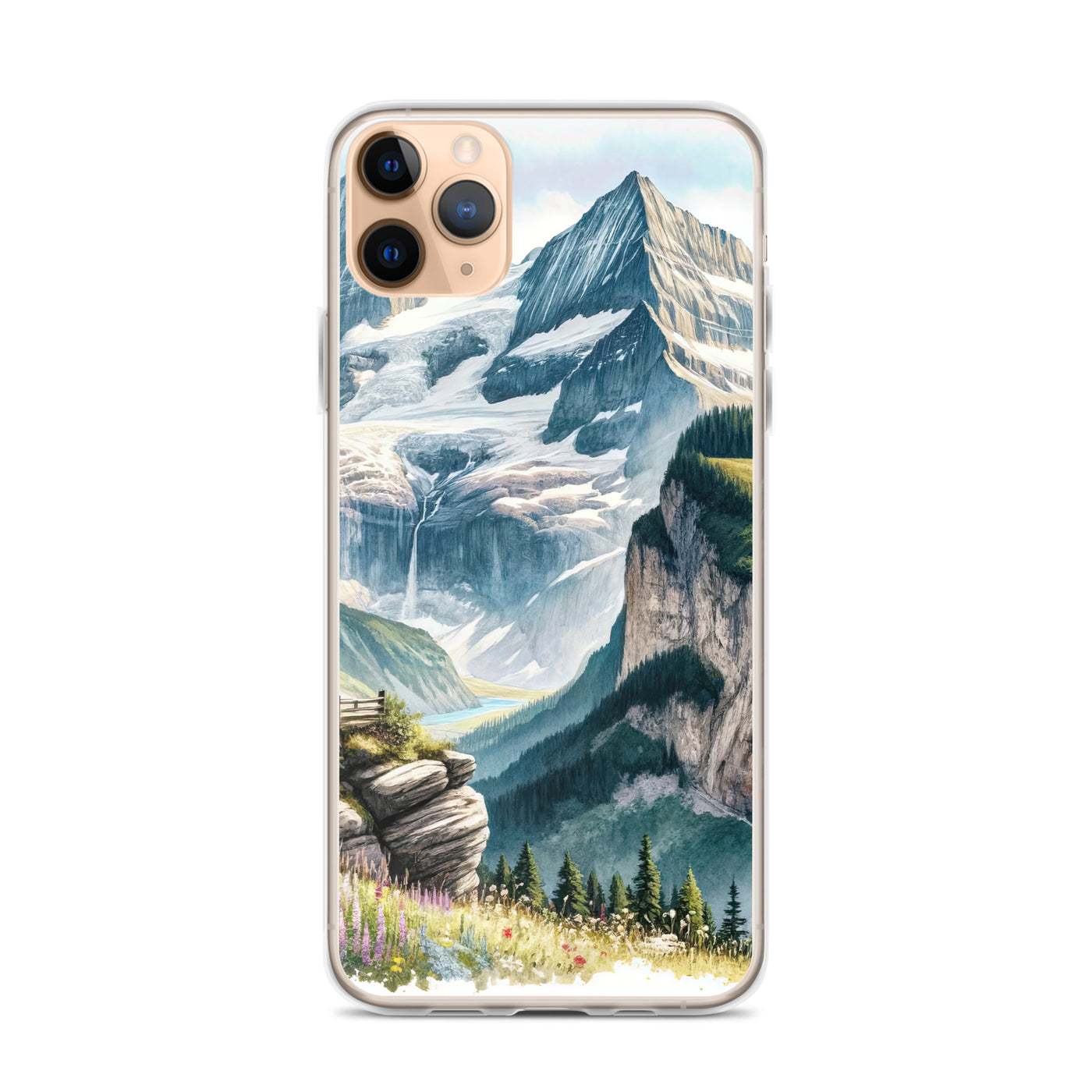 Aquarell-Panoramablick der Alpen mit schneebedeckten Gipfeln, Wasserfällen und Wanderern - iPhone Schutzhülle (durchsichtig) wandern xxx yyy zzz iPhone 11 Pro Max