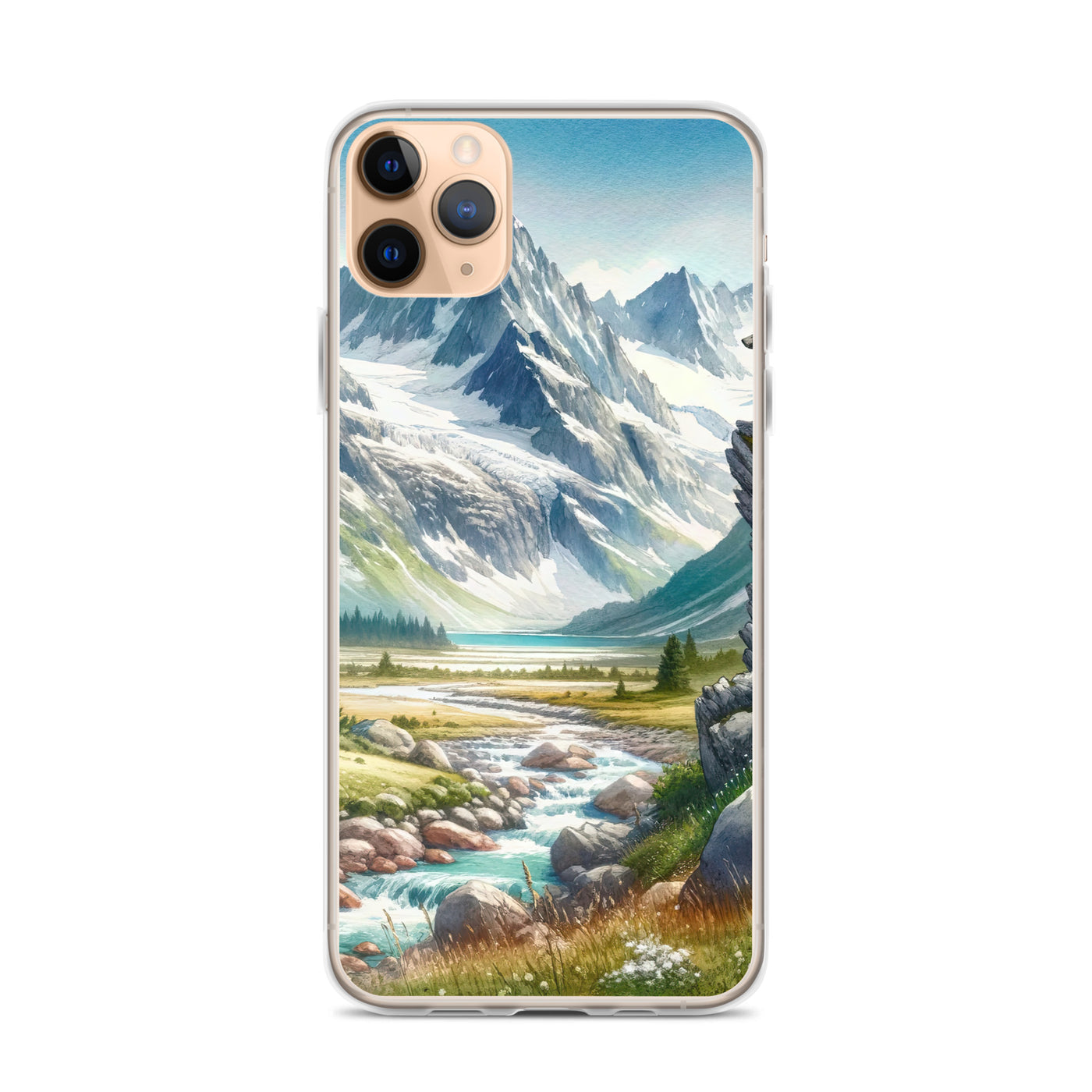 Aquarellmalerei eines Bären und der sommerlichen Alpenschönheit mit schneebedeckten Ketten - iPhone Schutzhülle (durchsichtig) camping xxx yyy zzz iPhone 11 Pro Max