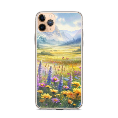Aquarell einer Almwiese in Ruhe, Wildblumenteppich in Gelb, Lila, Rosa - iPhone Schutzhülle (durchsichtig) berge xxx yyy zzz iPhone 11 Pro Max