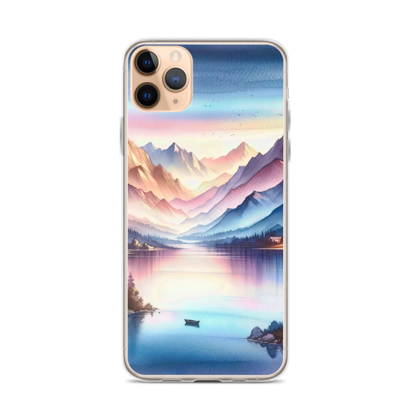 Aquarell einer Dämmerung in den Alpen, Boot auf einem See in Pastell-Licht - iPhone Schutzhülle (durchsichtig) berge xxx yyy zzz iPhone 11 Pro Max