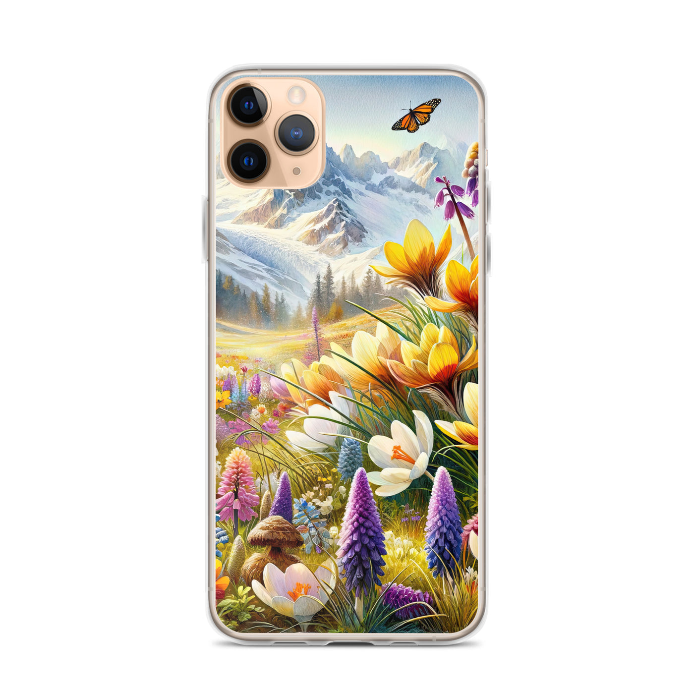 Aquarell einer ruhigen Almwiese, farbenfrohe Bergblumen in den Alpen - iPhone Schutzhülle (durchsichtig) berge xxx yyy zzz iPhone 11 Pro Max