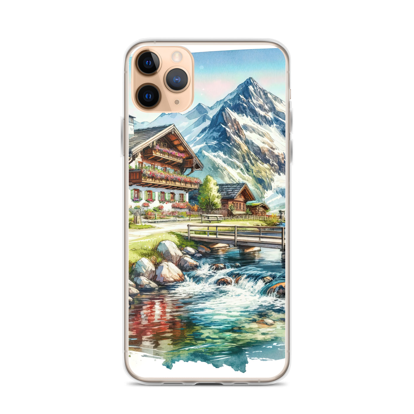 Aquarell der frühlingshaften Alpenkette mit österreichischer Flagge und schmelzendem Schnee - iPhone Schutzhülle (durchsichtig) berge xxx yyy zzz iPhone 11 Pro Max