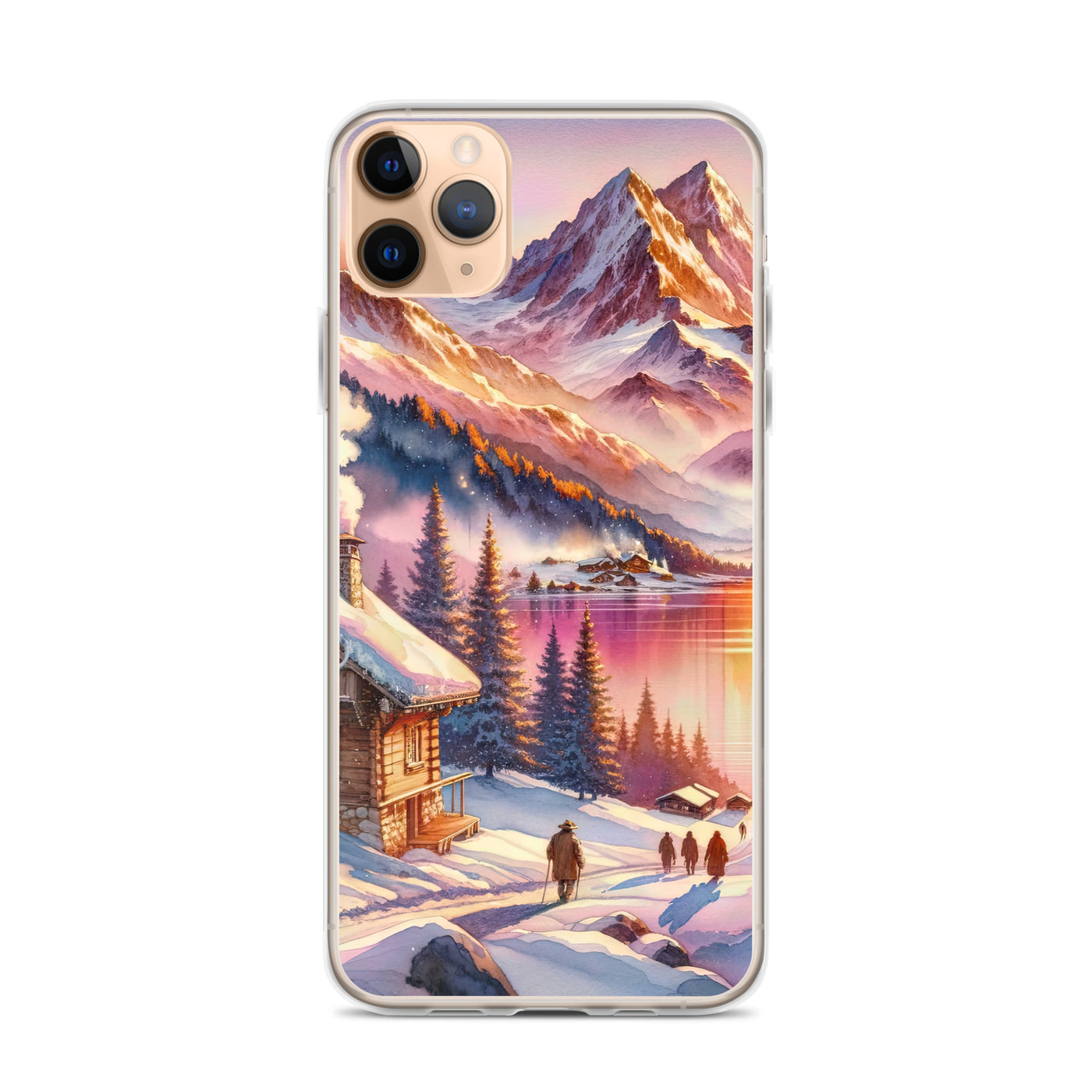 Aquarell eines Alpenpanoramas mit Wanderern bei Sonnenuntergang in Rosa und Gold - iPhone Schutzhülle (durchsichtig) wandern xxx yyy zzz iPhone 11 Pro Max