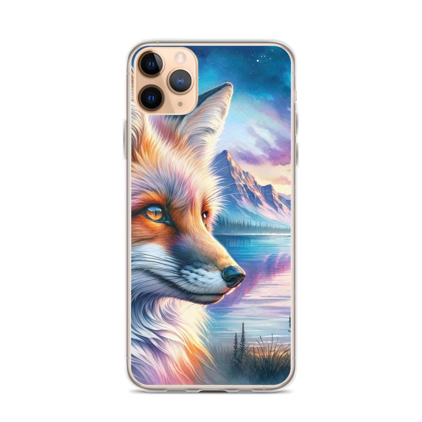 Aquarellporträt eines Fuchses im Dämmerlicht am Bergsee - iPhone Schutzhülle (durchsichtig) camping xxx yyy zzz iPhone 11 Pro Max
