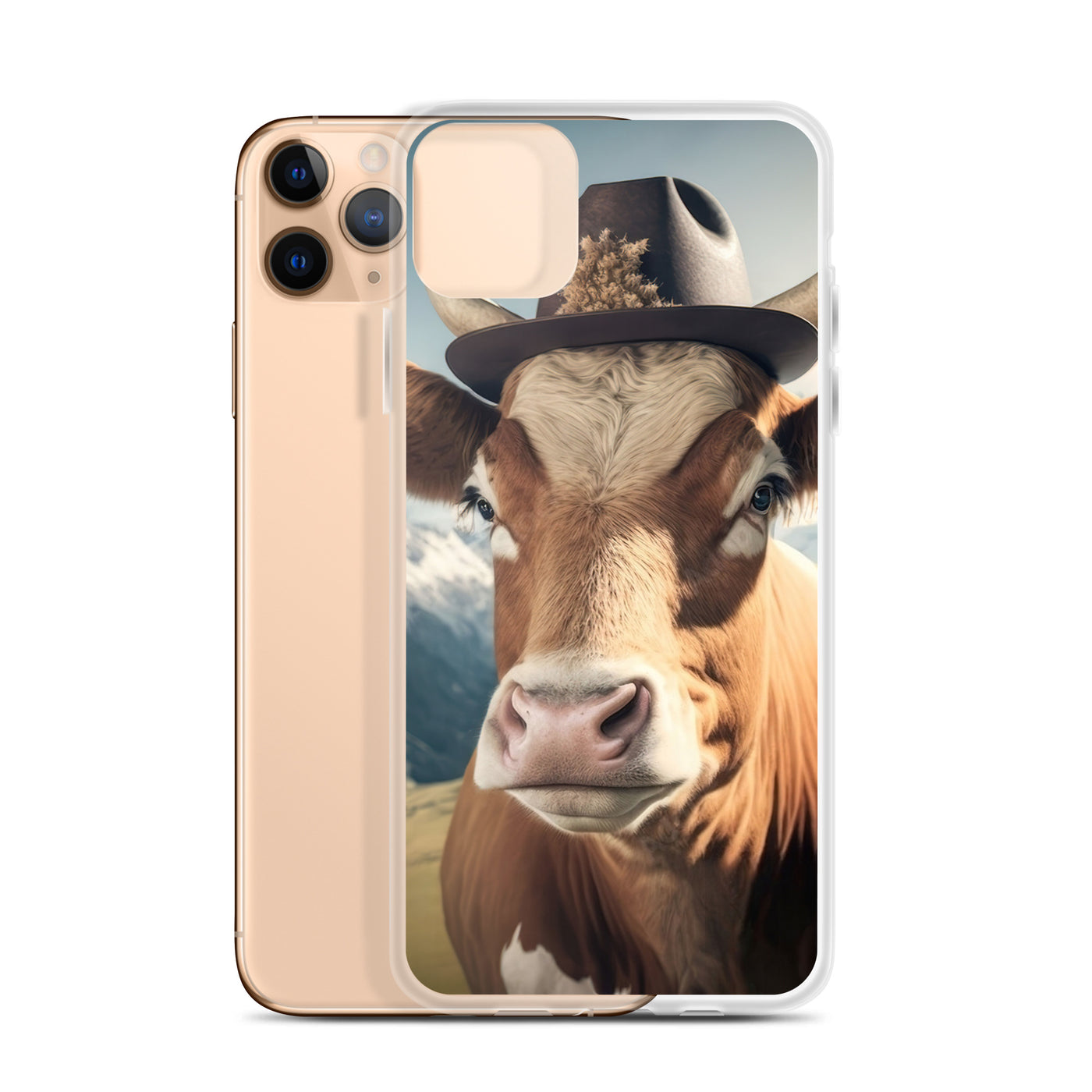 Kuh mit Hut in den Alpen - Berge im Hintergrund - Landschaftsmalerei - iPhone Schutzhülle (durchsichtig) berge xxx