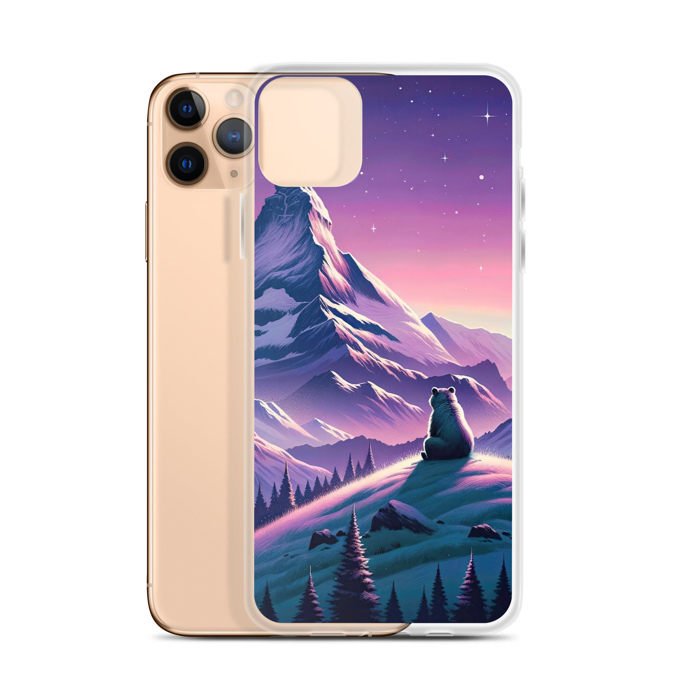 Bezaubernder Alpenabend mit Bär, lavendel-rosafarbener Himmel (AN) - iPhone Schutzhülle (durchsichtig) xxx yyy zzz