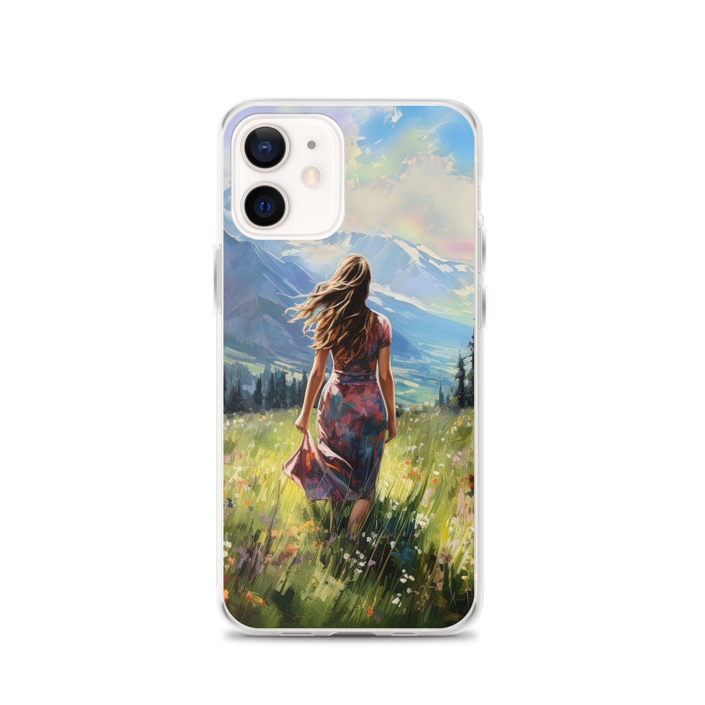 Frau mit langen Kleid im Feld mit Blumen - Berge im Hintergrund - Malerei - iPhone Schutzhülle (durchsichtig) berge xxx iPhone 12