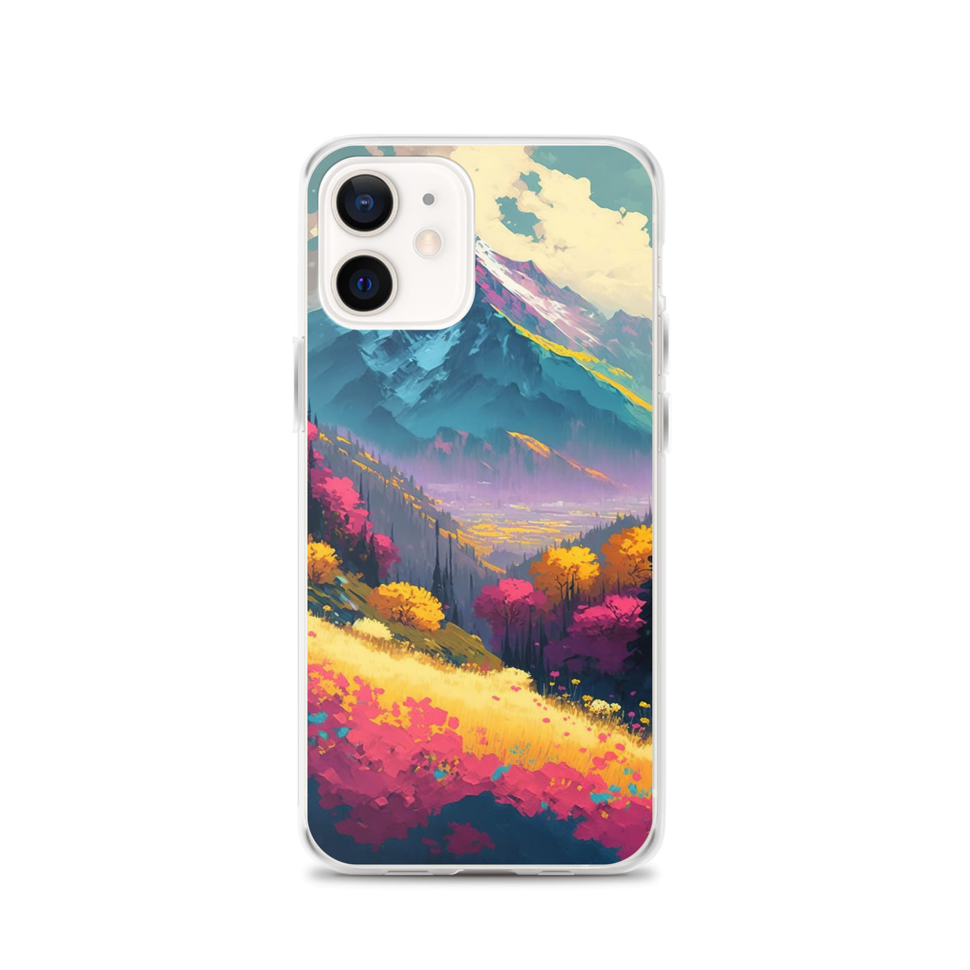 Berge, pinke und gelbe Bäume, sowie Blumen - Farbige Malerei - iPhone Schutzhülle (durchsichtig) berge xxx iPhone 12