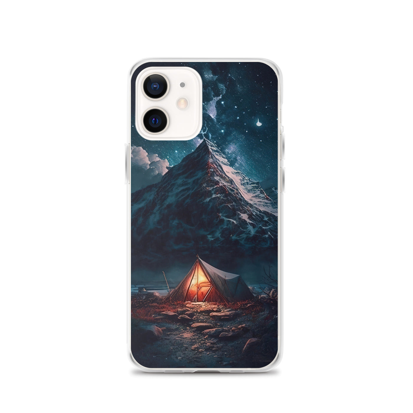 Zelt und Berg in der Nacht - Sterne am Himmel - Landschaftsmalerei - iPhone Schutzhülle (durchsichtig) camping xxx iPhone 12