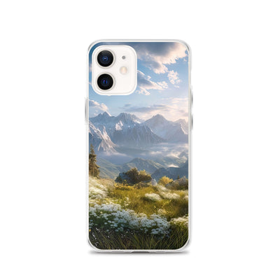 Berglandschaft mit Sonnenschein, Blumen und Bäumen - Malerei - iPhone Schutzhülle (durchsichtig) berge xxx iPhone 12