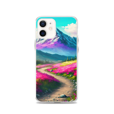 Berg, pinke Blumen und Wanderweg - Landschaftsmalerei - iPhone Schutzhülle (durchsichtig) berge xxx iPhone 12