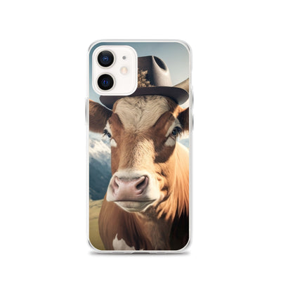 Kuh mit Hut in den Alpen - Berge im Hintergrund - Landschaftsmalerei - iPhone Schutzhülle (durchsichtig) berge xxx iPhone 12