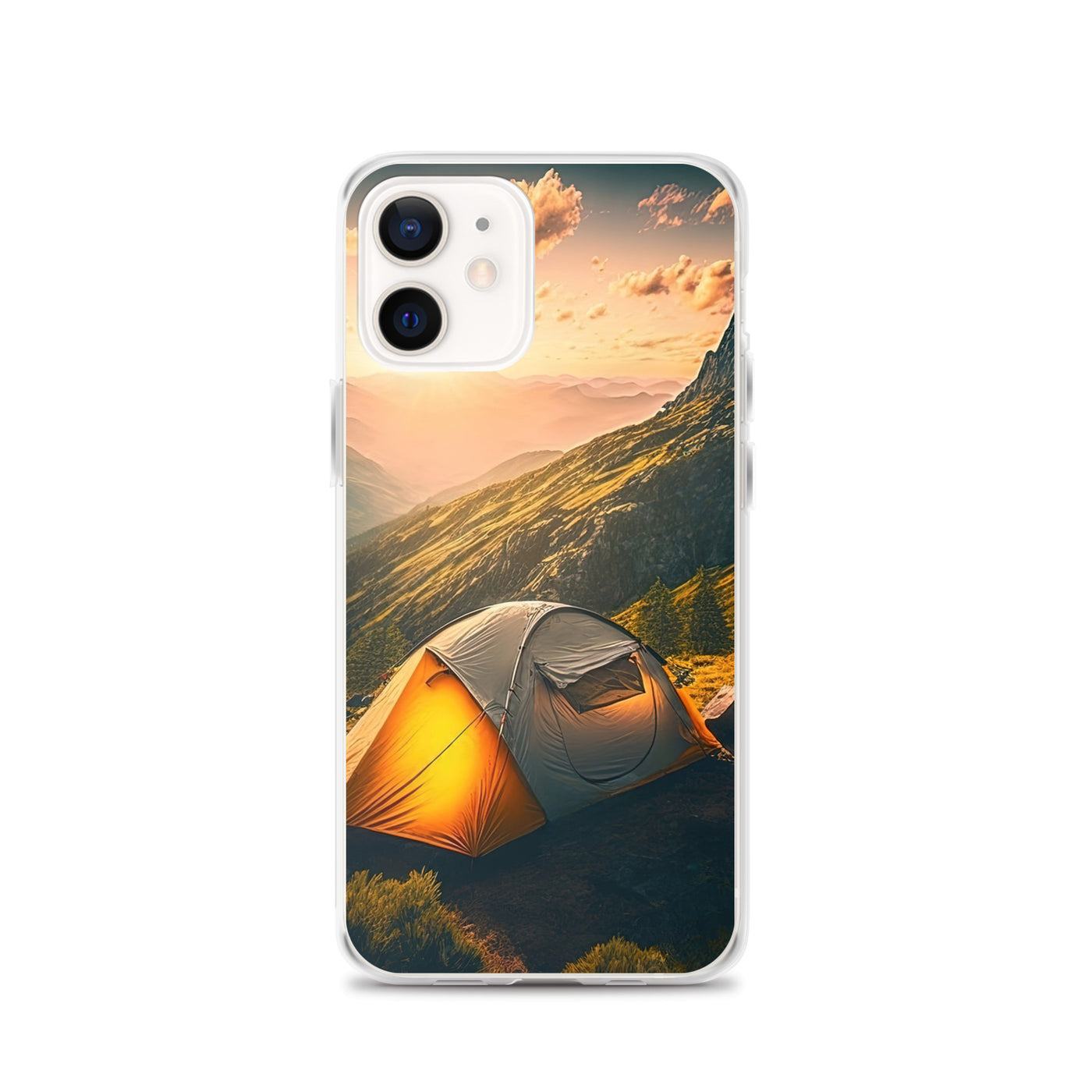 Zelt auf Berg im Sonnenaufgang - Landschafts - iPhone Schutzhülle (durchsichtig) camping xxx iPhone 12