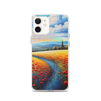 Feld mit roten Blumen und Berglandschaft - Landschaftsmalerei - iPhone Schutzhülle (durchsichtig) berge xxx iPhone 12