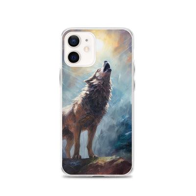 Heulender Wolf auf Berggipfel und Mond im Hintergrund – Abstrakte Malerei - iPhone Schutzhülle (durchsichtig) camping xxx iPhone 12