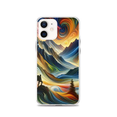 Abstraktes Kunstgemälde der Alpen mit wirbelnden, lebendigen Farben und dynamischen Mustern. Wanderer Silhouette - iPhone Schutzhülle (durchsichtig) wandern xxx yyy zzz iPhone 12