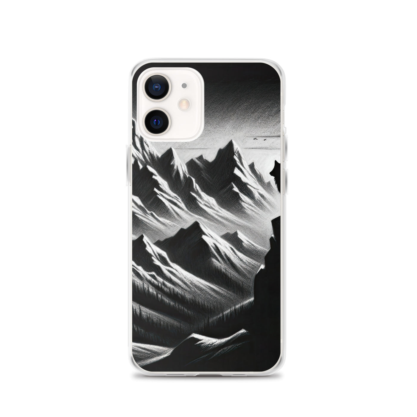 Kohlezeichnung, die die stille Stille der Alpen in der Winterdämmerung verkörpert. Wolf auf einem Berghügel (AN) - iPhone Schutzhülle (durchsichtig) xxx yyy zzz iPhone 12