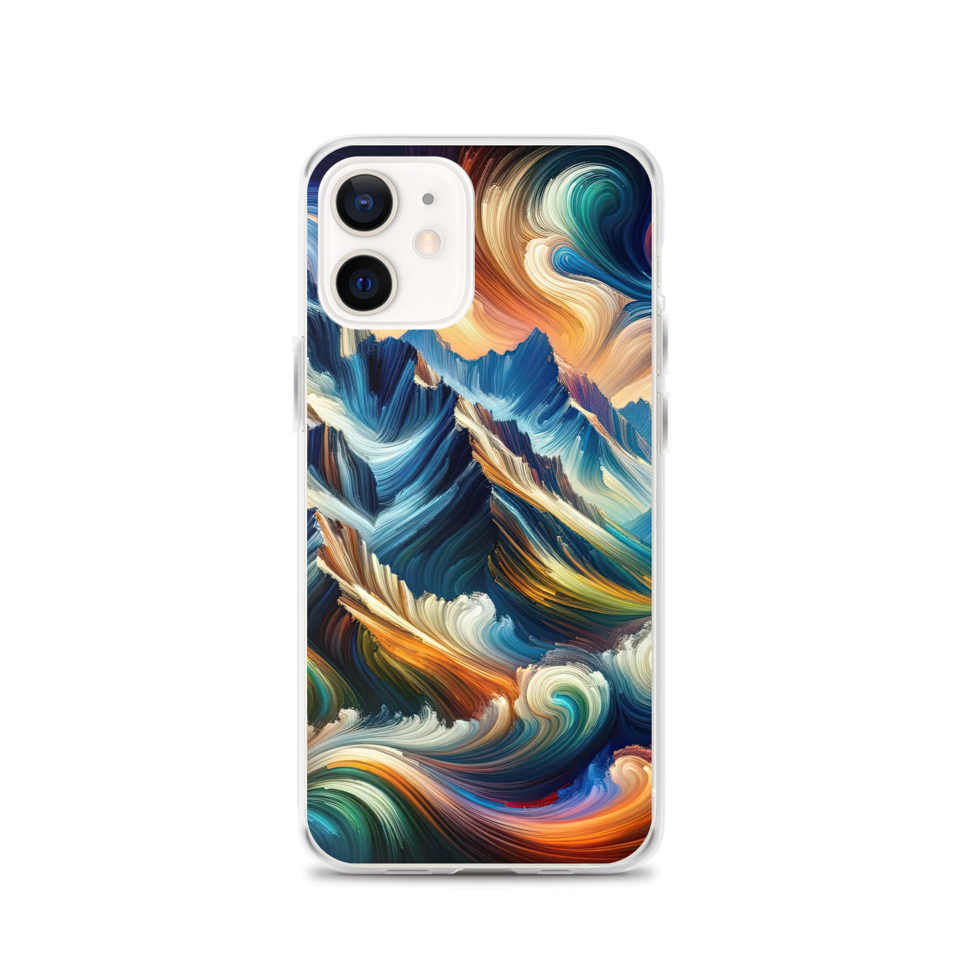 Abstrakte Kunst der Alpen mit lebendigen Farben und wirbelnden Mustern, majestätischen Gipfel und Täler - iPhone Schutzhülle (durchsichtig) berge xxx yyy zzz iPhone 12