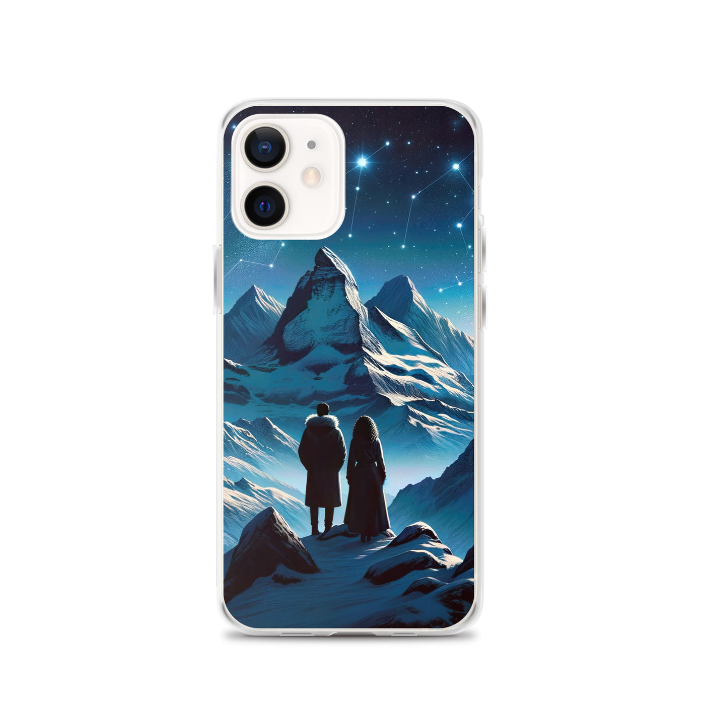 Alpenwinternacht: Digitale Kunst mit Wanderern in Bergen und Sternenhimmel - iPhone Schutzhülle (durchsichtig) wandern xxx yyy zzz iPhone 12