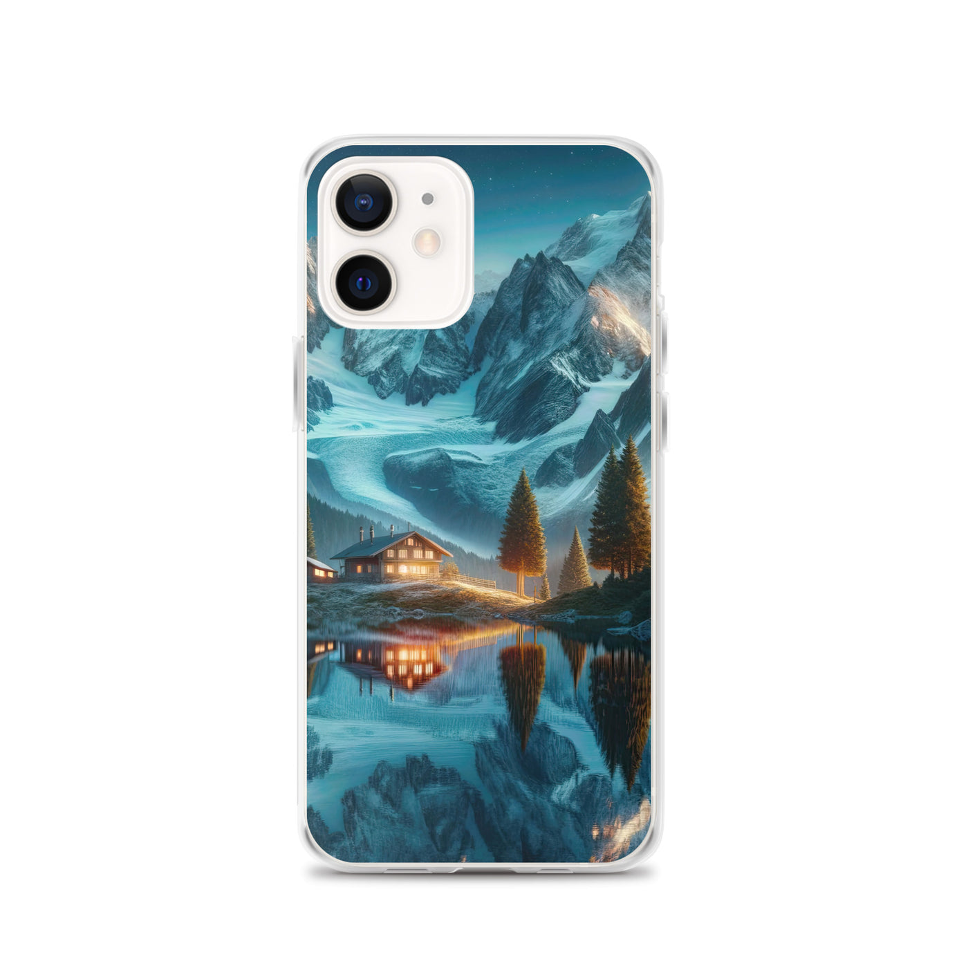 Stille Alpenmajestätik: Digitale Kunst mit Schnee und Bergsee-Spiegelung - iPhone Schutzhülle (durchsichtig) berge xxx yyy zzz iPhone 12