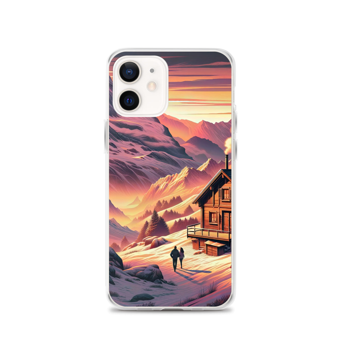 Berghütte im goldenen Sonnenuntergang: Digitale Alpenillustration - iPhone Schutzhülle (durchsichtig) berge xxx yyy zzz iPhone 12