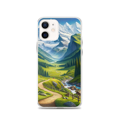 Wanderer in den Bergen und Wald: Digitale Malerei mit grünen kurvenreichen Pfaden - iPhone Schutzhülle (durchsichtig) wandern xxx yyy zzz iPhone 12