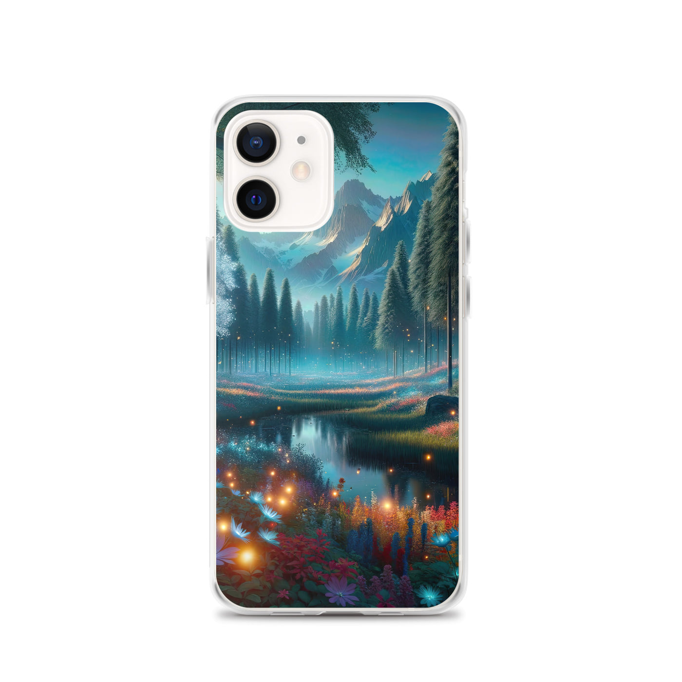 Ätherischer Alpenwald: Digitale Darstellung mit leuchtenden Bäumen und Blumen - iPhone Schutzhülle (durchsichtig) camping xxx yyy zzz iPhone 12