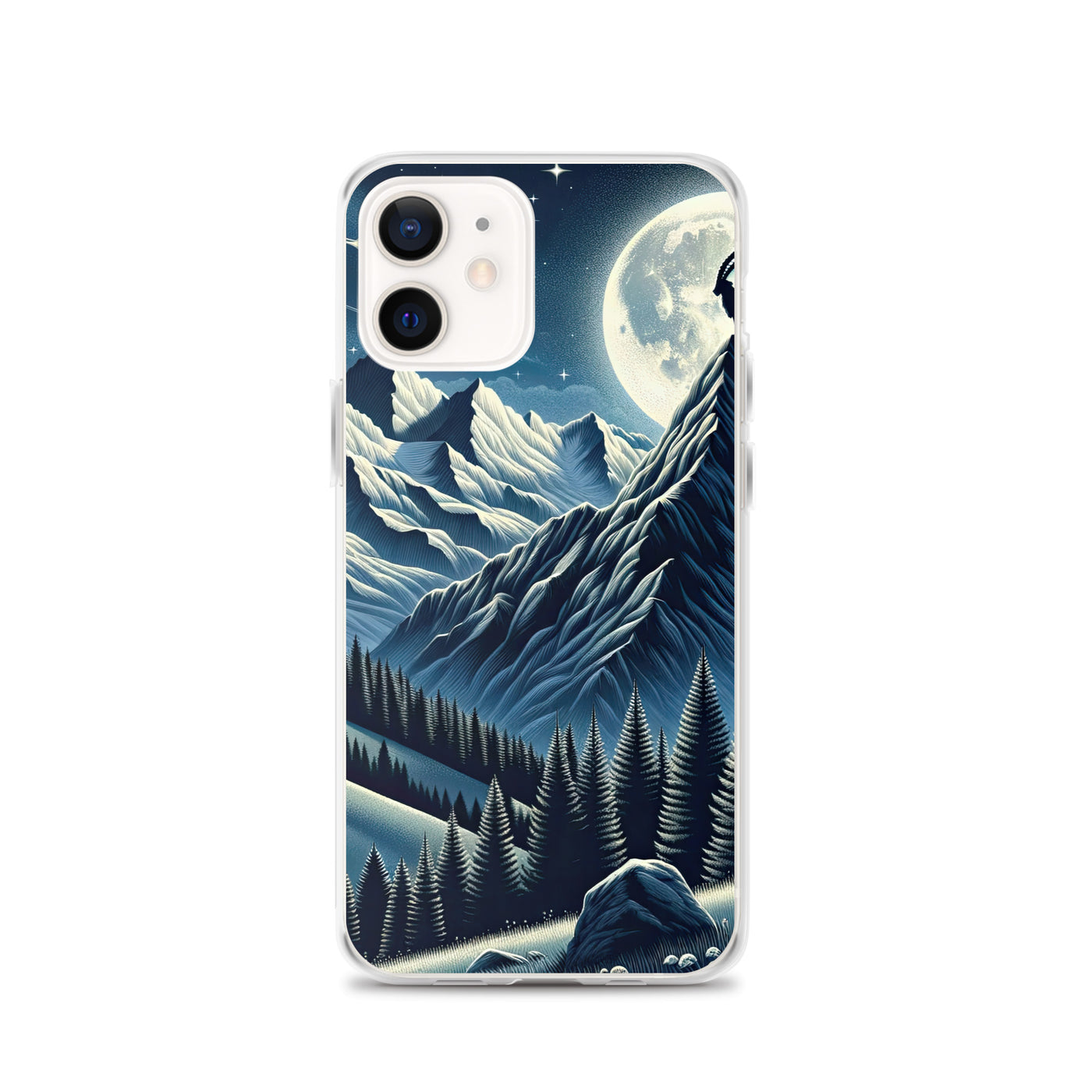Steinbock in Alpennacht, silberne Berge und Sternenhimmel - iPhone Schutzhülle (durchsichtig) berge xxx yyy zzz iPhone 12