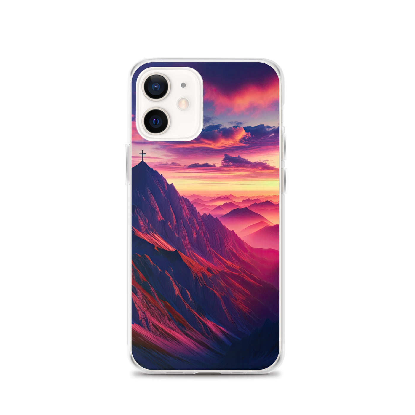 Dramatischer Alpen-Sonnenaufgang, Gipfelkreuz und warme Himmelsfarben - iPhone Schutzhülle (durchsichtig) berge xxx yyy zzz iPhone 12