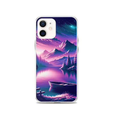 Magische Alpen-Dämmerung, rosa-lila Himmel und Bergsee mit Boot - iPhone Schutzhülle (durchsichtig) berge xxx yyy zzz iPhone 12