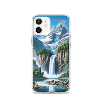 Illustration einer unberührten Alpenkulisse im Hochsommer. Wasserfall und See - iPhone Schutzhülle (durchsichtig) berge xxx yyy zzz iPhone 12