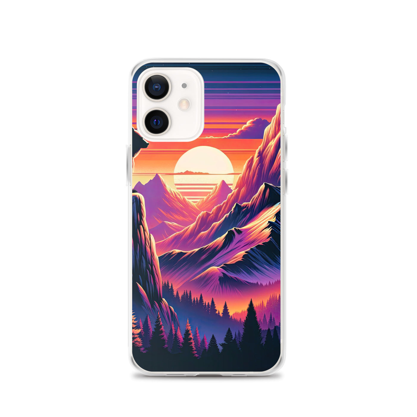 Alpen-Sonnenuntergang mit Bär auf Hügel, warmes Himmelsfarbenspiel - iPhone Schutzhülle (durchsichtig) camping xxx yyy zzz iPhone 12
