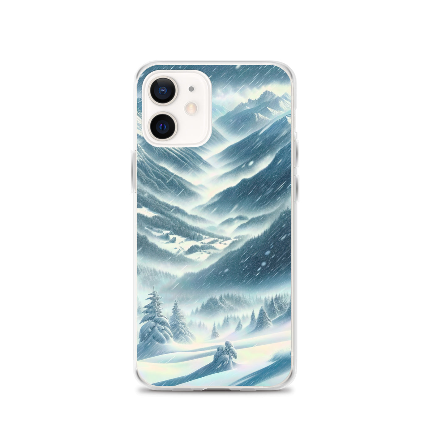 Alpine Wildnis im Wintersturm mit Skifahrer, verschneite Landschaft - iPhone Schutzhülle (durchsichtig) klettern ski xxx yyy zzz iPhone 12