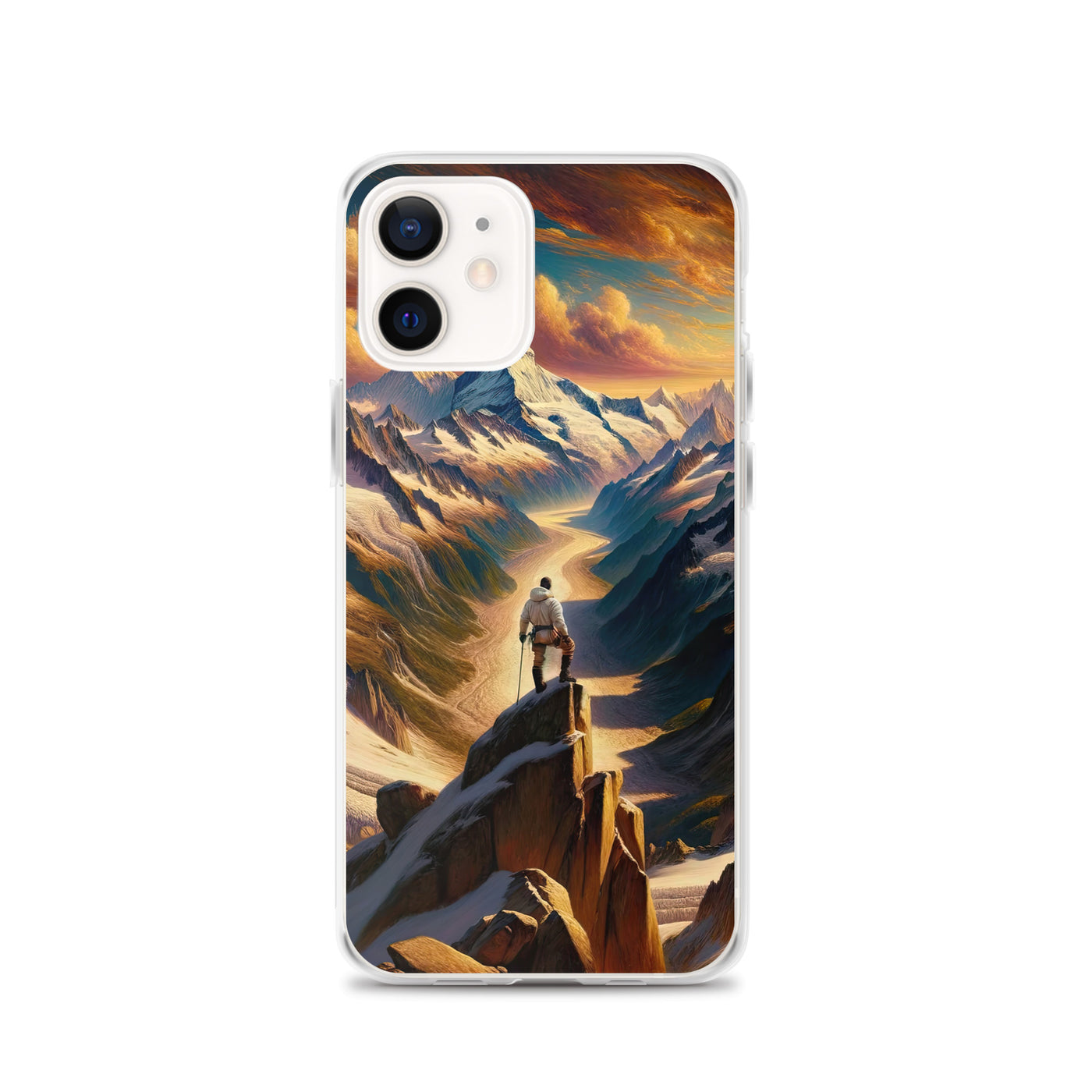 Ölgemälde eines Wanderers auf einem Hügel mit Panoramablick auf schneebedeckte Alpen und goldenen Himmel - iPhone Schutzhülle (durchsichtig) wandern xxx yyy zzz iPhone 12
