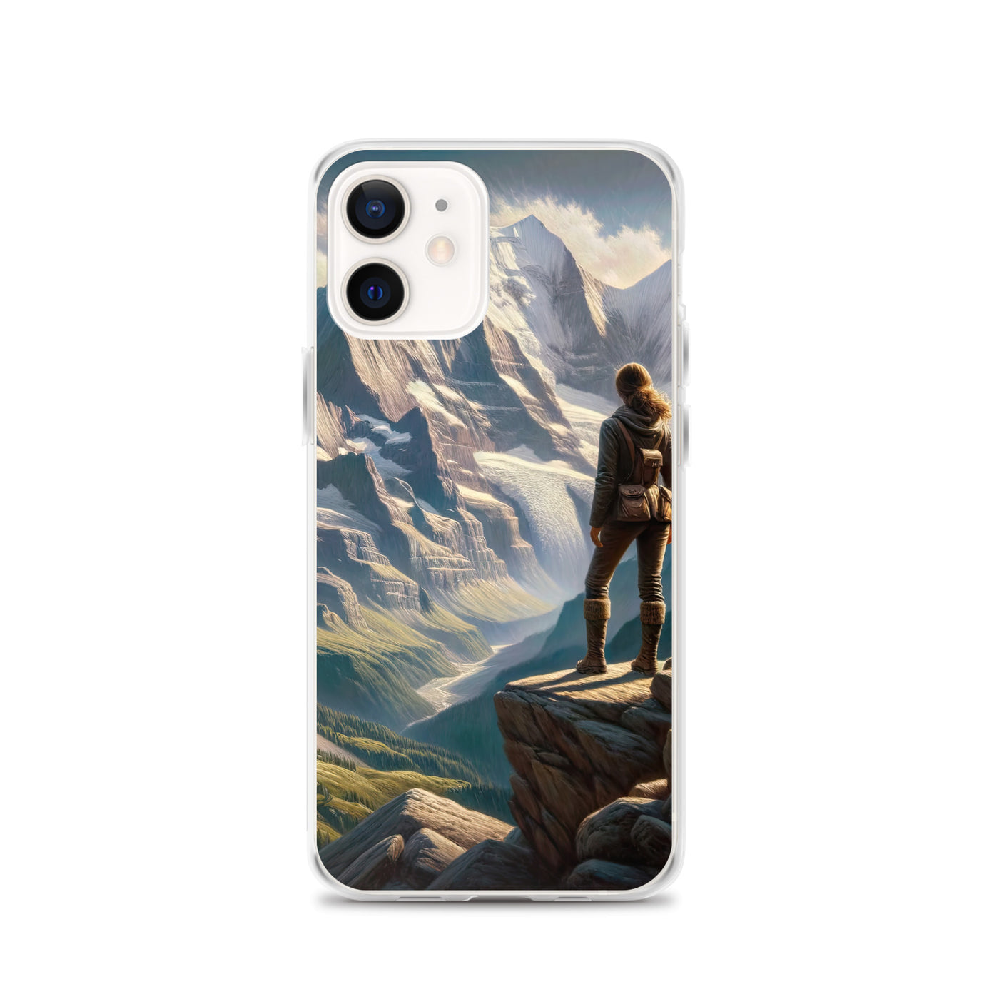 Ölgemälde der Alpengipfel mit Schweizer Abenteurerin auf Felsvorsprung - iPhone Schutzhülle (durchsichtig) wandern xxx yyy zzz iPhone 12