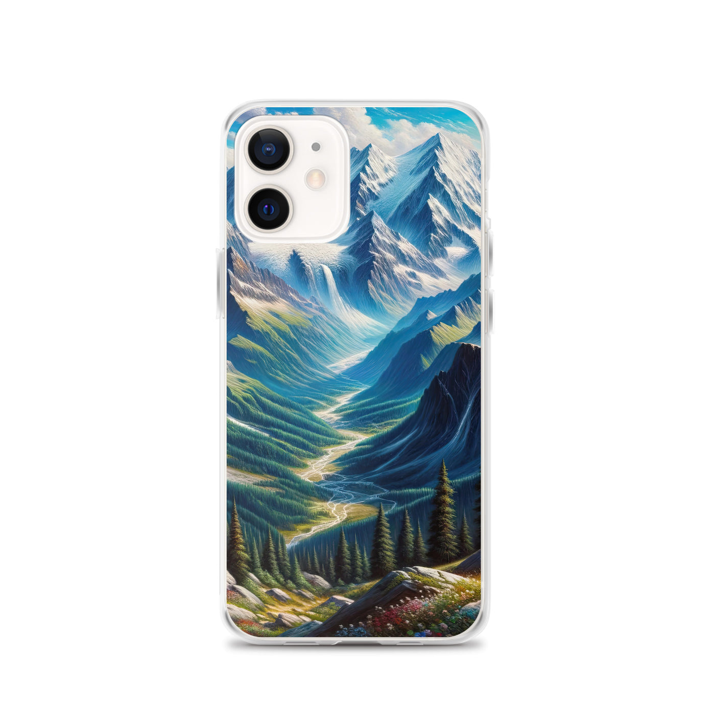 Panorama-Ölgemälde der Alpen mit schneebedeckten Gipfeln und schlängelnden Flusstälern - iPhone Schutzhülle (durchsichtig) berge xxx yyy zzz iPhone 12