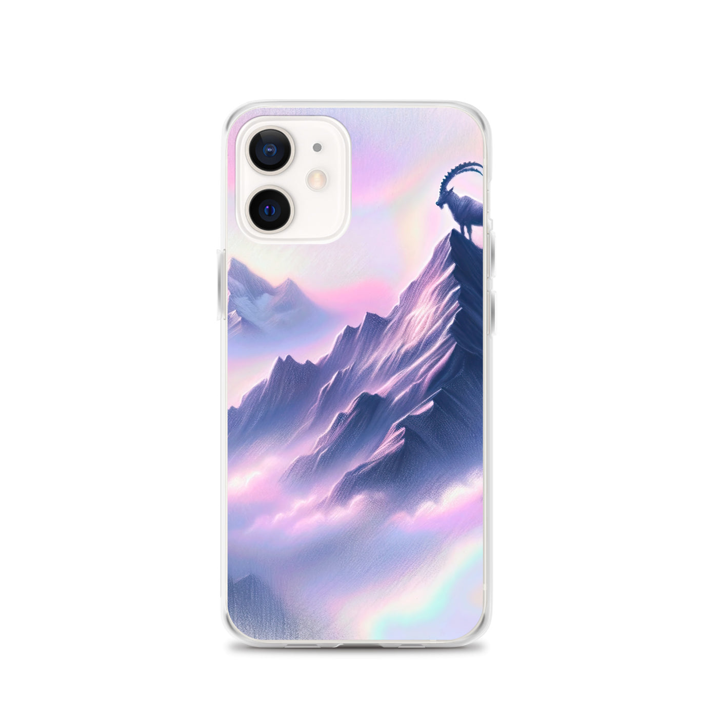 Pastellzeichnung der Alpen im Morgengrauen mit Steinbock in Rosa- und Lavendeltönen - iPhone Schutzhülle (durchsichtig) berge xxx yyy zzz iPhone 12