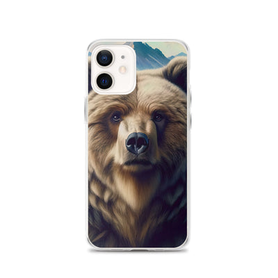Foto eines Bären vor abstrakt gemalten Alpenbergen, Oberkörper im Fokus - iPhone Schutzhülle (durchsichtig) camping xxx yyy zzz iPhone 12