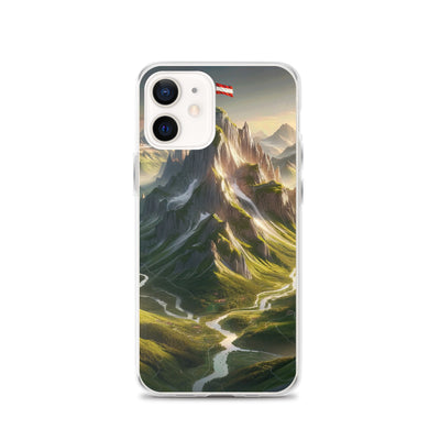 Fotorealistisches Bild der Alpen mit österreichischer Flagge, scharfen Gipfeln und grünen Tälern - iPhone Schutzhülle (durchsichtig) berge xxx yyy zzz iPhone 12