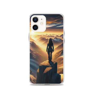 Fotorealistische Darstellung der Alpen bei Sonnenaufgang, Wanderin unter einem gold-purpurnen Himmel - iPhone Schutzhülle (durchsichtig) wandern xxx yyy zzz iPhone 12